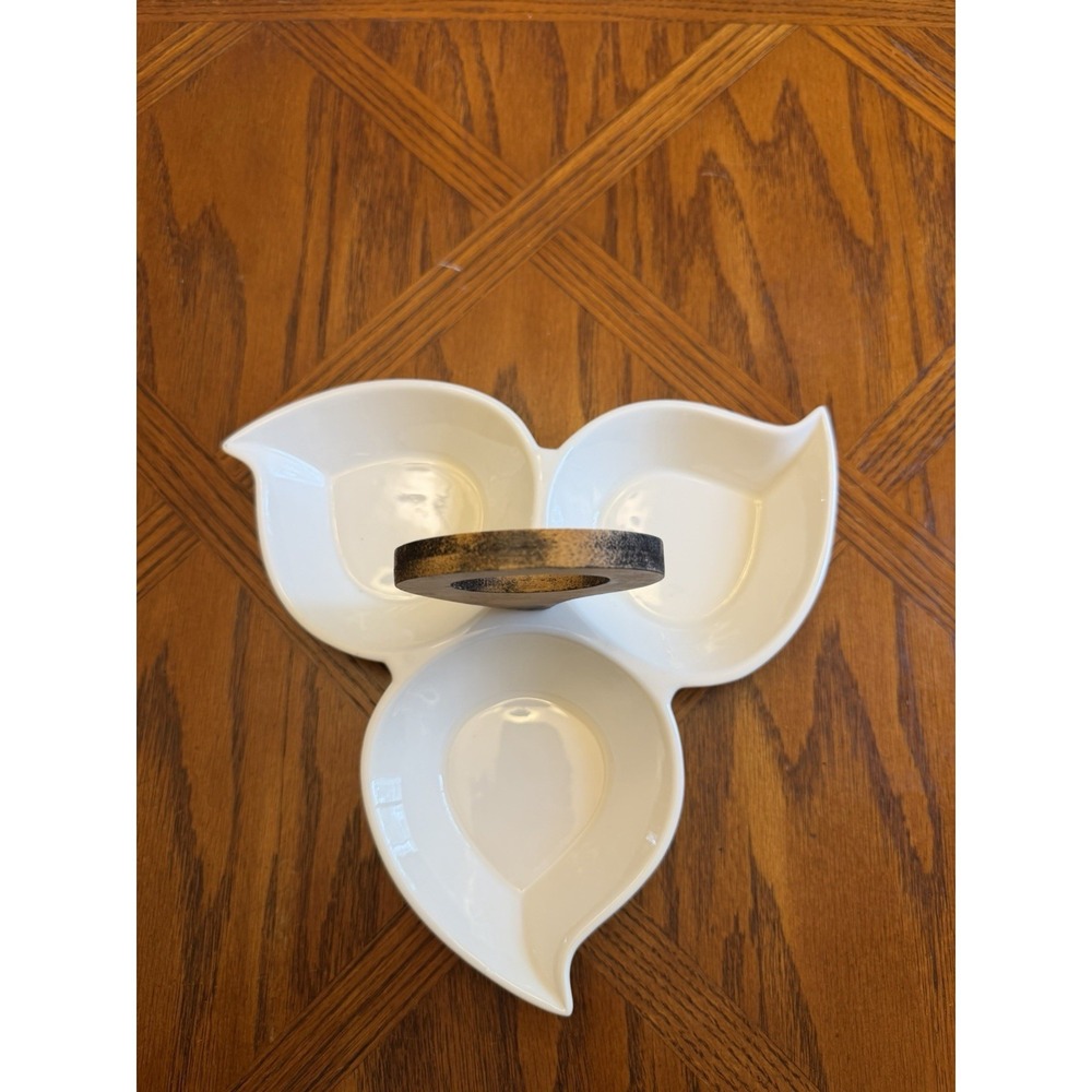 Brandani White Ceramic Candy Dish with Wooden Handle, 3 Compartments